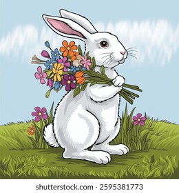 Easter Rabbit with flowers. Easter Rabbit decoration with flowers Vector Illustration on white background.