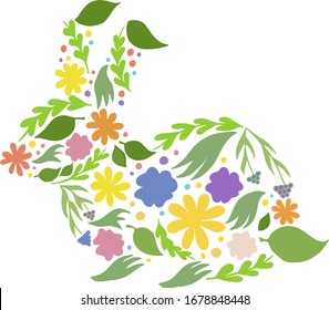 Easter Rabbit. Flowers spring.  Beautiful floral texture. Spring background with sitting bunny.