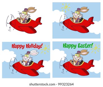 Easter Rabbit Flying With Plane Different Colors. Vector Collection