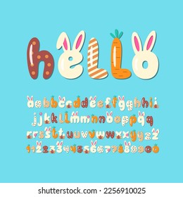 Easter Rabbit Font with Carrot and Chocolate Letters. Colorful Kids Alphabet with Easter Eggs. Funny Playful Typography.