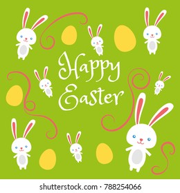 Easter rabbit, easter funny bunny. Happy character, eggs and sign text