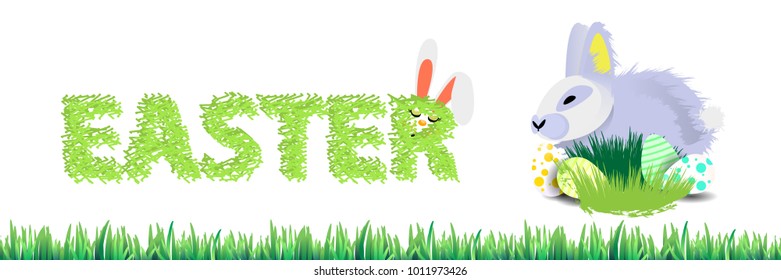 Easter. Easter rabbit in grass with Easter eggs on a gray background .. happy easter with letters from grass. horizontal sheet orientation