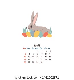 Easter rabbit hand drawn illustration in cartoon doodle style. Wall or desk monthly calendar template. April month. Stock vector