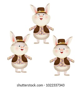 Easter rabbit in a hat, checkered shirt and vest. Vector character in different poses