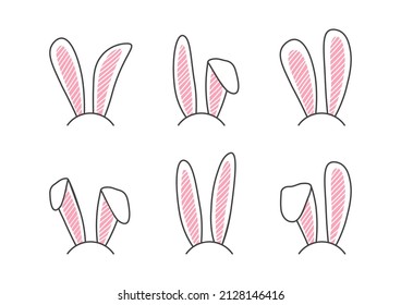 Easter rabbit headband vector icon, doodle bunny mask set isolated on white background. Funny animal illustration