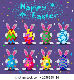 The Easter rabbit hid behind an Easter egg on a beautiful purple background with confetti