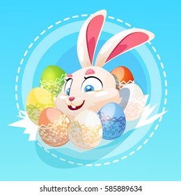 Easter Rabbit Hold Decorated Colorful Egg Holiday Symbols Greeting Card Flat Vector Illustration