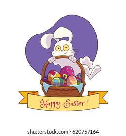 Easter Rabbit holding a basket with eggs and text