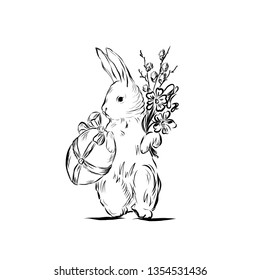 Easter rabbit holding egg and bouquet with willow branch and flowers. Colored page. 