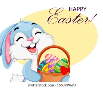 El conejo de Pascua contiene una canasta de huevos. Tarjeta de saludo con el divertido personaje de caricatura del conejito de Pascua. Vector de existencias 