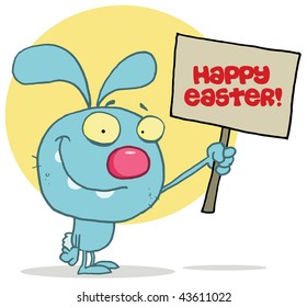 Easter rabbit holds Happy Easter! sign