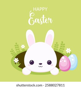 Easter rabbit in hole. Easter egg hunt vector illustration.