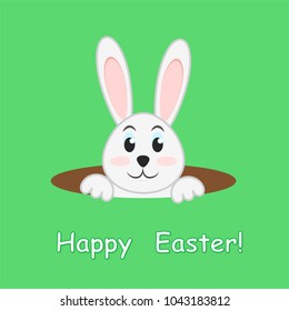 Easter rabbit in hole on green background, greeting Happy Easter card,stock vector illustration