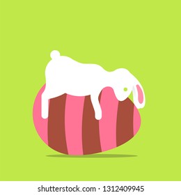 Easter rabbit hugging colorful egg in flat style logo on green background