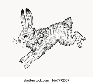 Easter rabbit isolated vector illustration in linocut style. Vintage stamp design of a bunny for print. Use for your creative graphic design projects, lithographs, postcards, invitations, tattoos.