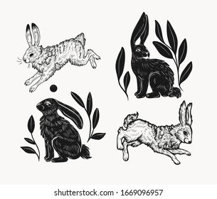 Easter rabbit isolated vector illustration in linocut style. Vintage stamp design of a bunny for print. Use for your creative graphic design projects, lithographs, postcards, invitations, tattoos.