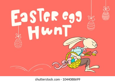Easter rabbit is jumping with flowers and basket full of decorated eggs, and handwritten text Easter Egg Hunt. The concept of Christian spring holidays card. Vector illustration on red background