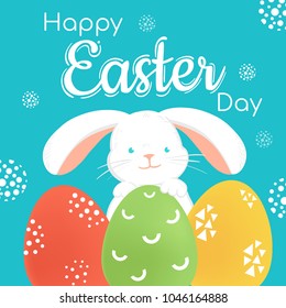 Easter rabbit lattering design blue background.Kids colorfull eggs pattern with rabbit vector illustration eps 10.