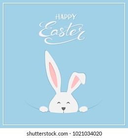 Easter rabbit with lettering Happy Easter on blue background, illustration.