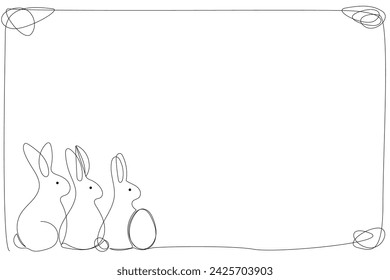 Easter Rabbit Line Art Bunny Frame Border. Outline Sketch Rabbit Isolated On White Border Frame Easter Greeting Card Line Curve Letter Border. Cute Rabbit Hare Line Easter Holiday Talisman Frame