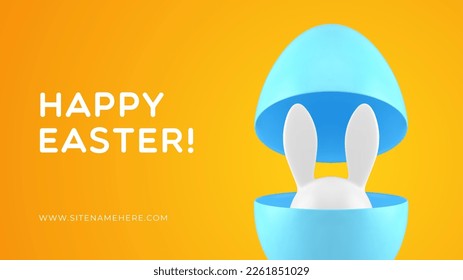 Orejas largas de conejo de Pascua escondidas en banner de vacaciones de huevo pintado plantilla de diseño de vector realista ilustración vectorial. Celebración de festividades religiosas felicitaciones lindo conejito esconder congratos conmovedores celebración