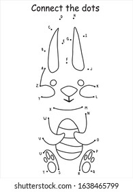 Easter rabbit with long ears hugs colored egg connect the dot vector puzzle for kids. Simple educational game for leard english alphabet. Cute cartoon animal egg hunter black and white illustration.
