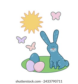 Ostern Kaninchen Maskottchen Ikone. Nette lustige Ostern Tradition bei Egg Hunter Symbol Hase Kaninchen Doodle Illustration. Glückliche Ostern Feiertag Karte Hintergrund Kaninchen Element Doodle Cute Design.