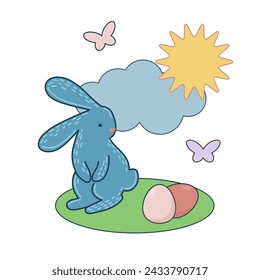 Easter Rabbit Mascot Icon. Cute Funny Easter Traditionat Egg Hunter Symbol Bunny Rabbit Doodle Illustration. Happy Easter Holiday Card Background Rabbit Element Doodle Cute Design.