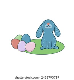 Easter Rabbit Mascot Icon. Cute Funny Easter Traditionat Egg Hunter Symbol Bunny Rabbit Doodle Illustration. Happy Easter Holiday Card Background Rabbit Element Doodle Cute Design.