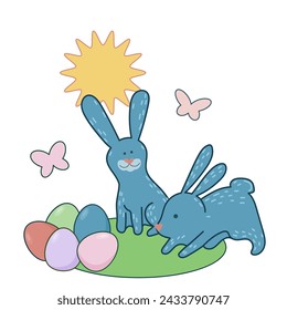 Icono de mascota de conejo de Pascua. Lindo Divertido Pascua Traditionat Huevo Cazador Símbolo Conejo Conejo Doodle Ilustración. Feliz Pascua Tarjeta De Vacaciones De Fondo Elemento De Conejo Doodle Lindo Diseño.