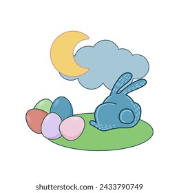 Easter Rabbit Mascot Icon. Cute Funny Easter Traditionat Egg Hunter Symbol Bunny Rabbit Doodle Illustration. Happy Easter Holiday Card Background Rabbit Element Doodle Cute Design.