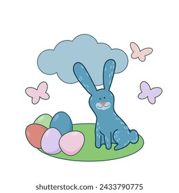 Icono de mascota de conejo de Pascua. Lindo Divertido Pascua Traditionat Huevo Cazador Símbolo Conejo Conejo Doodle Ilustración. Feliz Pascua Tarjeta De Vacaciones De Fondo Elemento De Conejo Doodle Lindo Diseño.