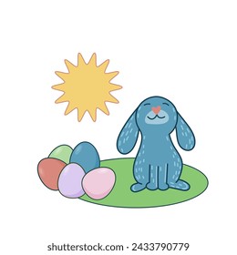 Easter Rabbit Mascot Icon. Cute Funny Easter Traditionat Egg Hunter Symbol Bunny Rabbit Doodle Illustration. Happy Easter Holiday Card Background Rabbit Element Doodle Cute Design.