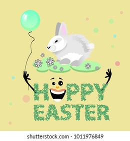 Easter. Easter rabbit naa glade of flowers and blue-blue ball. celebration