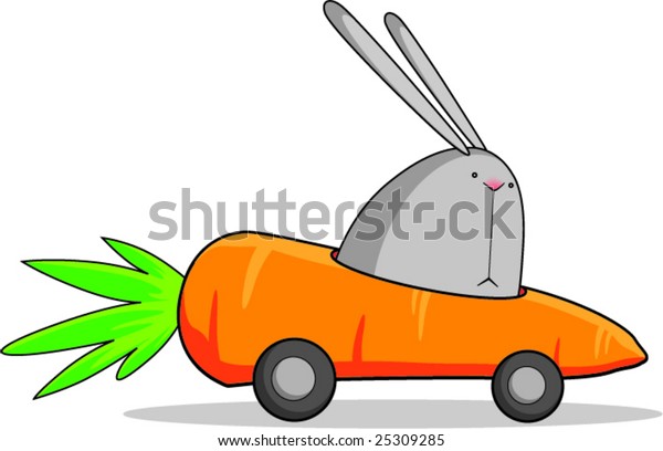 Easter\
rabbit with nose rose on a carrot with\
wheels