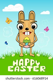 Easter rabbit on grass with colorful egg and flying butterflies. Funny bunny on holiday background, illustration.