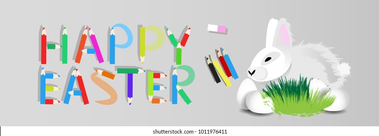 Easter. Easter rabbit on a gray background with colored pencils .. Happy Easter inscription