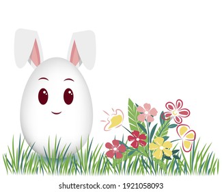 Easter rabbit on green grass and flowers