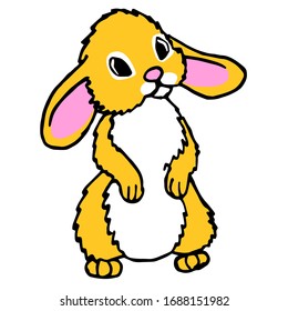 Easter rabbit on white isolated backdrop. Yellow mascot for invitation or gift card, notebook sticker, bath tile, scrapbook. Phone case or cloth print art. Cartoon style stock vector illustration