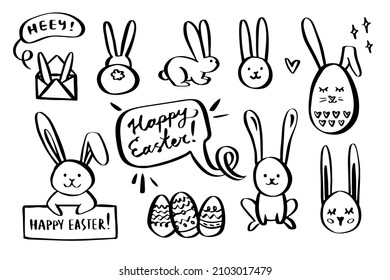 Easter rabbit outline character set. Cute line animals 