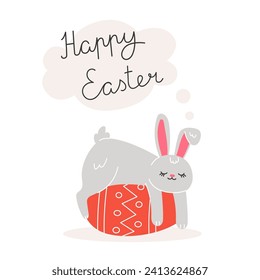 Easter rabbit and painted egg in cartoon style