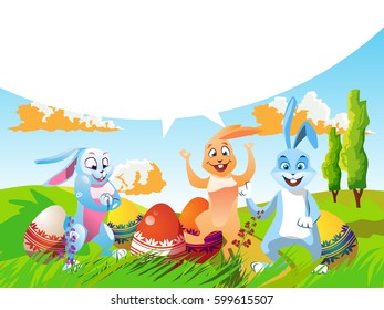 Easter rabbit with painted eggs. Festive Vector Illustration for beautiful background.