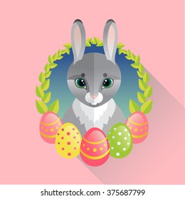 Easter rabbit with painted eggs in vector