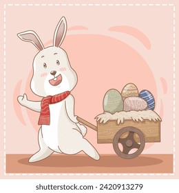Easter rabbit and pastel easter eggs. Cute easter cartoon characters.