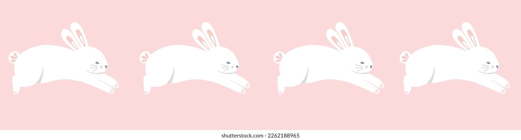 Easter rabbit pattern background border, cute vector seamless repeat banner design of spring bunnies leaping in pink. Seasonal hand drawn illustration.