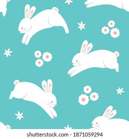 Easter rabbit pattern background, cute vector seamless repeat design of spring bunnies leaping with flowers. Seasonal hand drawn illustration.