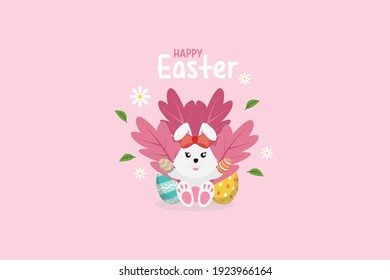 Easter Rabbit Pink Leaf Illustration
