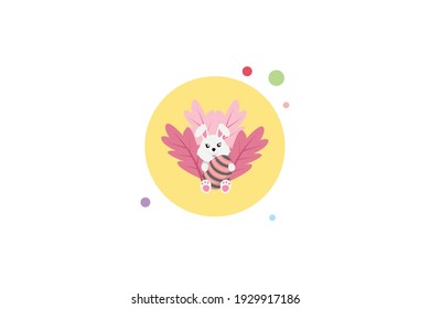 Easter Rabbit with Pink Leaves. Circle Icon with Bubbles