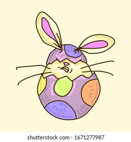 Easter rabbit in purple egg in colored speck with pink ears