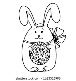 Easter rabbit with ribbon and ornament easter egg. Hand drawn vector outline cute bunny. Isolated on white background. Ester rabbit. Copy space. Scandinavian style. Trendy. Design for Easter poster.